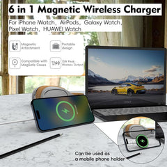 Cargador inalámbrico magnético multifunción de 15 W con soporte plegable.