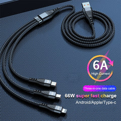 ADC-138 1,2 m 66 W 3 en 1 USB a 8 pines + Micro USB + Cable de carga rápida USB-C / Type-C