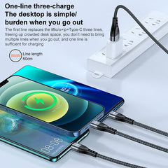 ADC-138 1,2 m 66 W 3 en 1 USB a 8 pines + Micro USB + Cable de carga rápida USB-C / Type-C