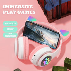 Auriculares de oreja de gato RGB de conexión dual compatibles con tarjeta TF