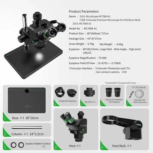 Microscopio trinocular con zoom síncrono 2uul MC7060-A1 7-60X