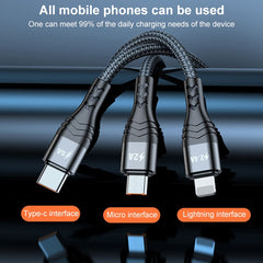 ADC-138 1,2 m 66 W 3 en 1 USB a 8 pines + Micro USB + Cable de carga rápida USB-C / Type-C