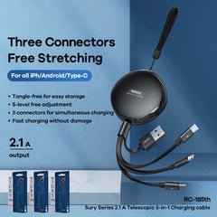 REMAX RC-185th 3 en 1 2.1A USB a 8 pines + USB-C / Type-C + Cable Micro USB Sury Series