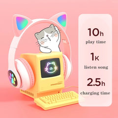 Auriculares de oreja de gato RGB de conexión dual compatibles con tarjeta TF