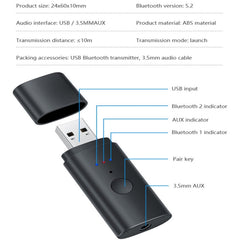 Transmisor Bluetooth 5.2 TX35 USB / AUX de doble salida