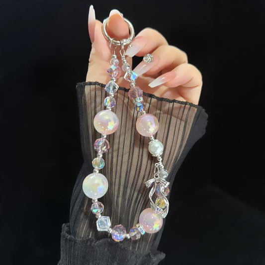 Elegante cadena de perlas y cristales con detalle de lazo de aleación dorada