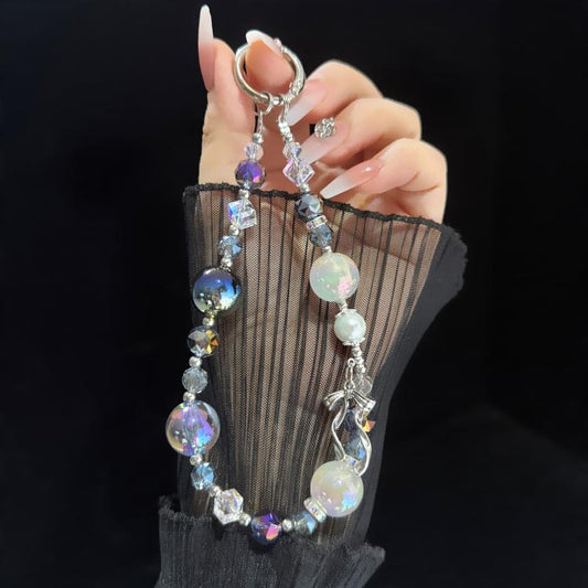 Elegante cadena de perlas y cristales con detalle de lazo de aleación dorada