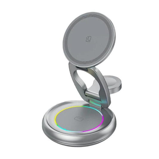 Cargador inalámbrico magnético 3 en 1 de 15 W con luz LED de colores.