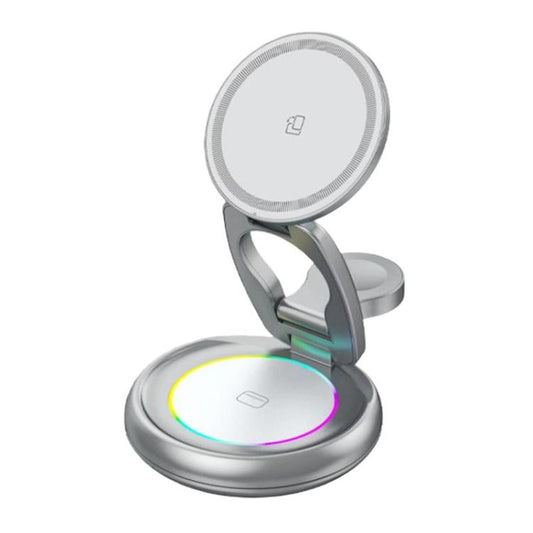 Cargador inalámbrico magnético 3 en 1 de 15 W con luz LED de colores.