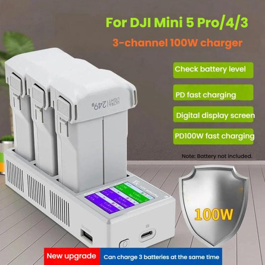Concentrador de carga LCD de 3 bahías YX de 100 W para DJI Mini 5 Pro/4/3