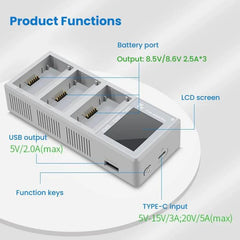 Concentrador de carga LCD de 3 bahías YX de 100 W para DJI Mini 5 Pro/4/3