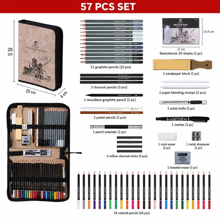 Set de dibujo y lápices de colores con cuade...